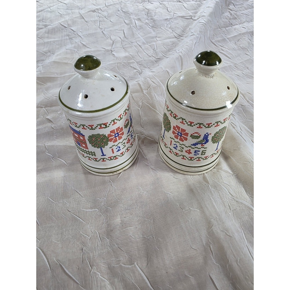 Vintage Cross Stitch Sampler Ceramic Salt and Pepper Shakers Cottagecore ABC 123